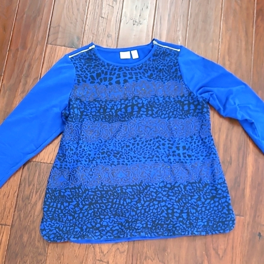 Zynergy by Chico's Blue Animal Print Long Sleeve Top size 3 (XL)